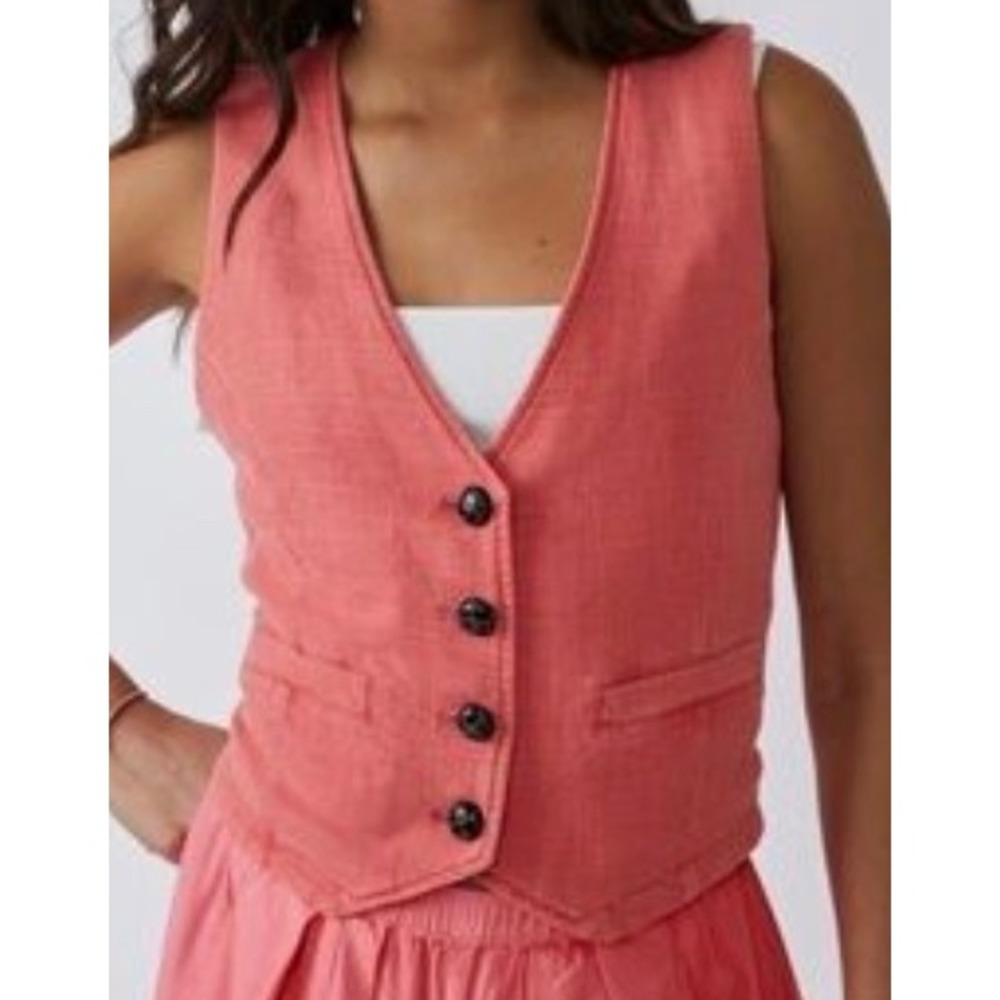 We The Free by Free People Coral Pink Linen Blend‎ Button Up Vest SZ L NEW